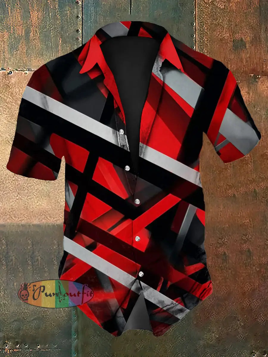 Men’s Vintage VH Guitar Line Illustration Abstract Print Casual Cotton Short Sleeve Shirt Short Sleeve Shirt / S