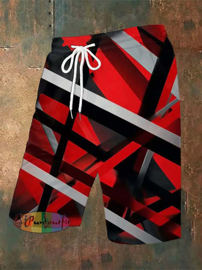 Men’s Vintage VH Guitar Line Illustration Abstract Print Casual Cotton Short Sleeve Shirt Shorts / S