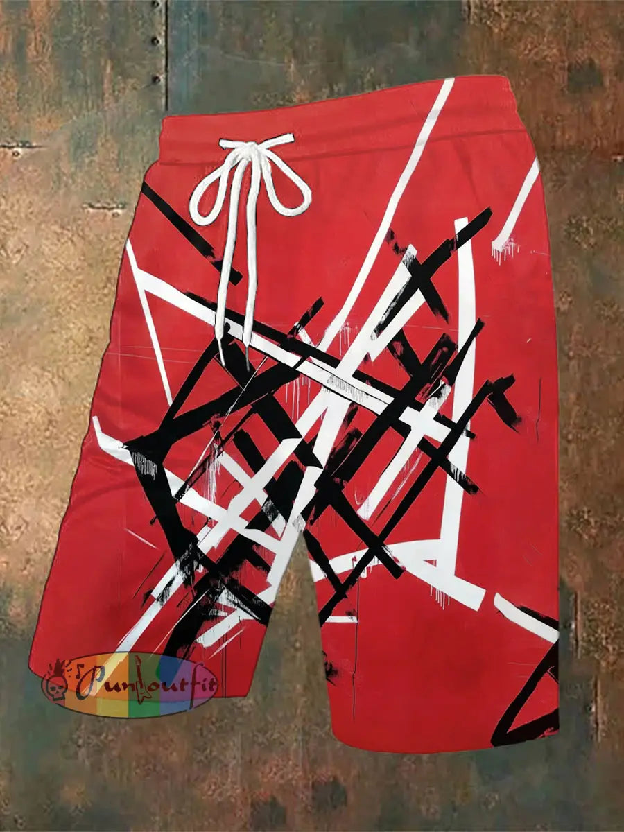 Men’s Vintage Colourful Guitar Ripple Lines Music Festival Abstract Print Casual Pocket Drawstring Shorts Red / S