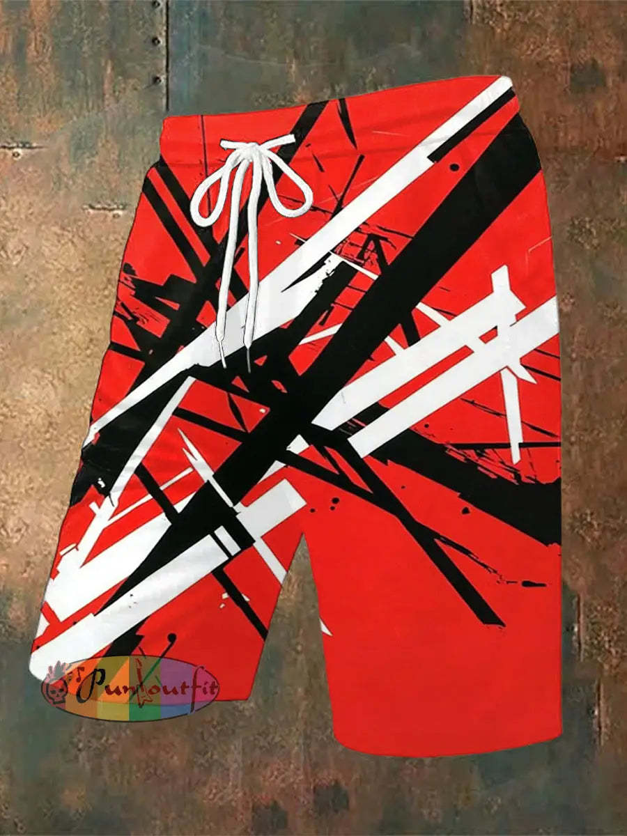 Men’s Vintage VH Guitar Line Illustration Abstract Print Casual Cotton Short Sleeve Shirt Shorts / S