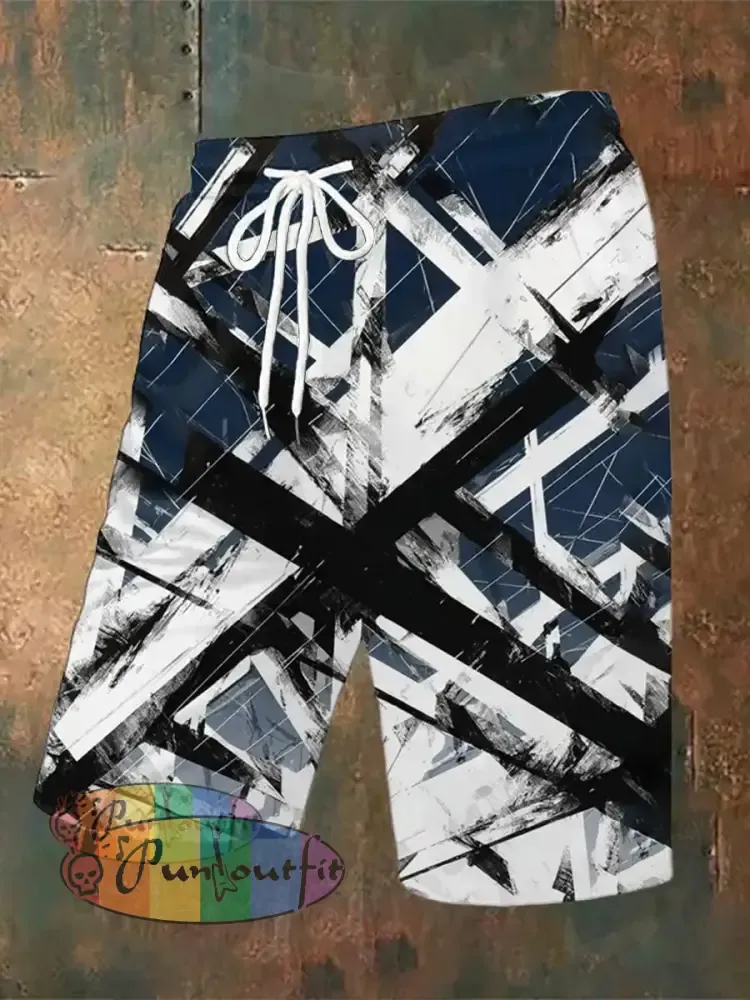 Men’s Vintage Music Festival Colourful Guitar Lines Abstract Print Casual Pocket Drawstring Shorts Blue / S