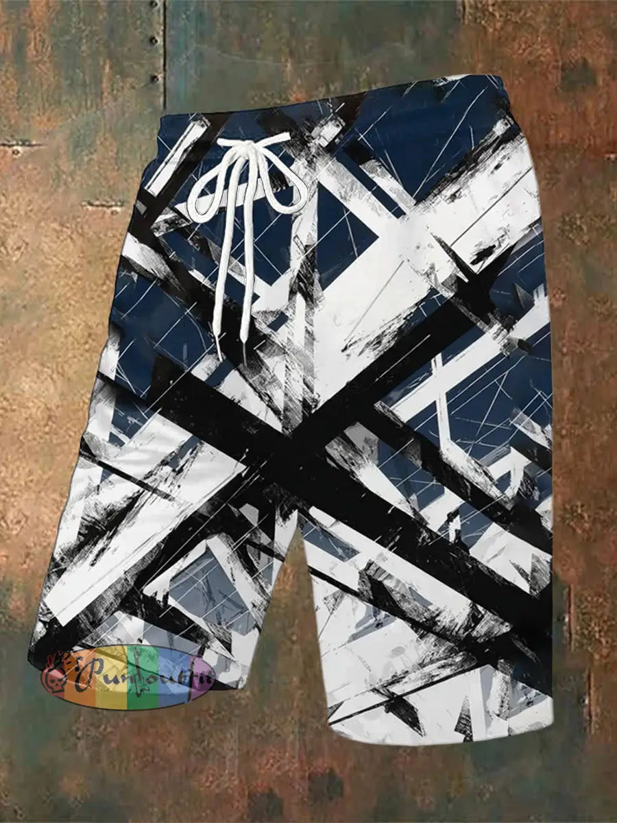 Men’s Vintage Music Festival Colourful Guitar Lines Abstract Print Casual Pocket Drawstring Shorts Blue / S