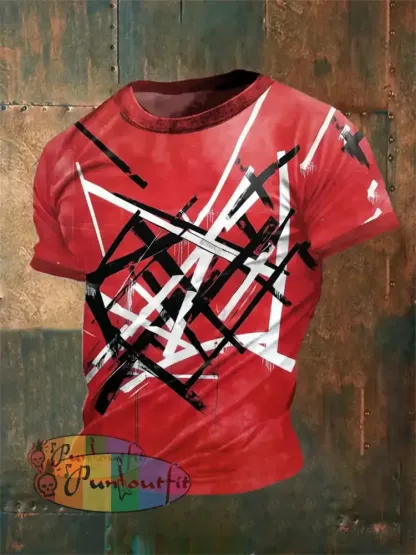 Men’s Vintage VH Guitar Line Illustration Abstract Print Casual Cotton Short Sleeve Shirt T-Shirt / S