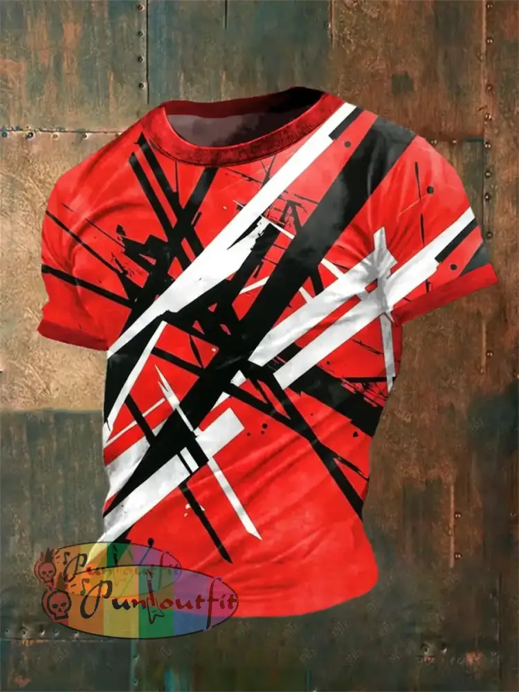 Men’s Vintage Guitar Ripple Lines Festival Abstract Print Casual Cotton Short Sleeve T-Shirt Red / S