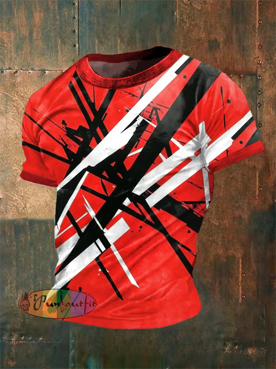 Men’s Vintage Guitar Ripple Lines Festival Abstract Print Casual Cotton Short Sleeve T-Shirt Red / S