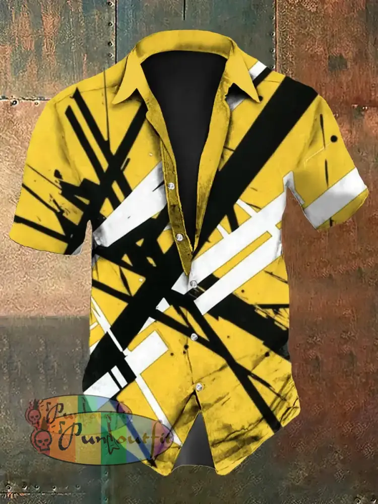 Men’s Vintage VH Guitar Line Illustration Abstract Print Casual Cotton Short Sleeve Shirt Short Sleeve Shirt-Yellow / S
