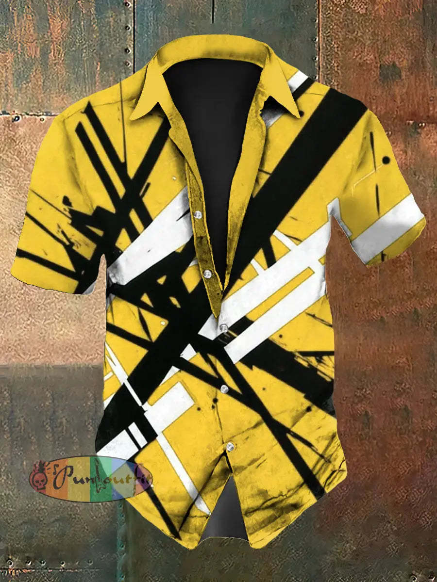 Men’s Vintage VH Guitar Line Illustration Abstract Print Casual Cotton Short Sleeve Shirt Short Sleeve Shirt-Yellow / S