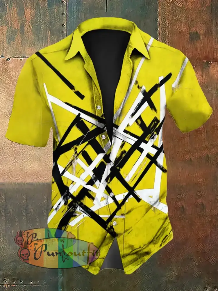 Men’s Vintage VH Guitar Line Illustration Abstract Print Casual Cotton Short Sleeve Shirt Short Sleeve Shirt-Yellow / S