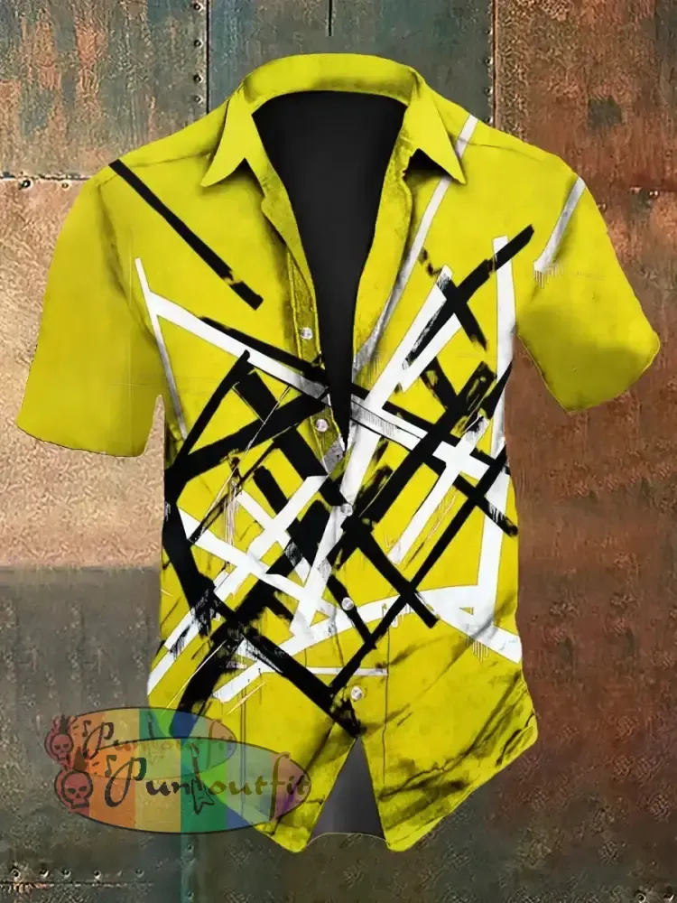 Men’s Vintage VH Guitar Line Illustration Abstract Print Casual Cotton Short Sleeve Shirt Short Sleeve Shirt-Yellow / S