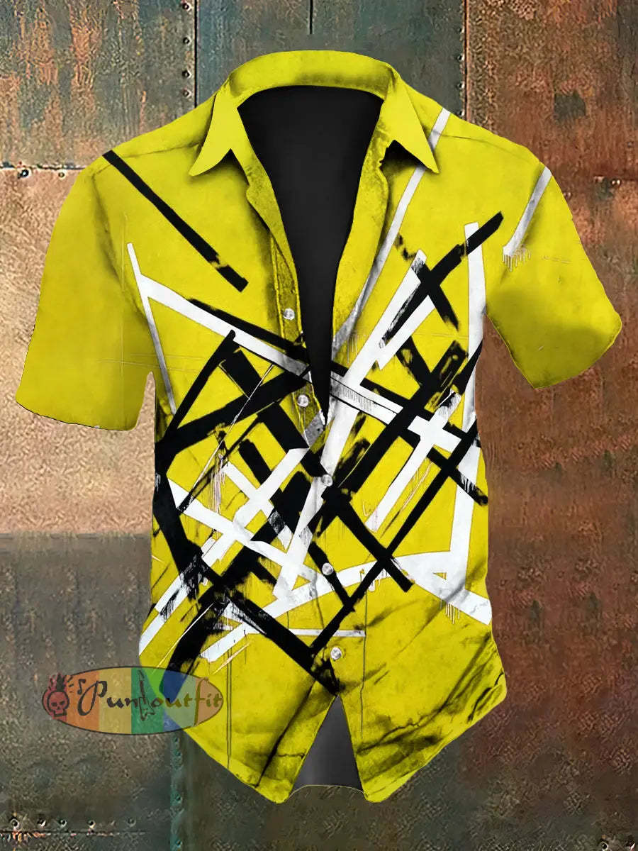 Men’s Vintage VH Guitar Line Illustration Abstract Print Casual Cotton Short Sleeve Shirt Short Sleeve Shirt-Yellow / S