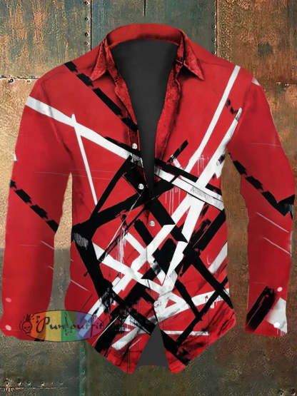 Men’s Vintage VH Guitar Lines Abstract Print Casual Long Sleeve Shirt