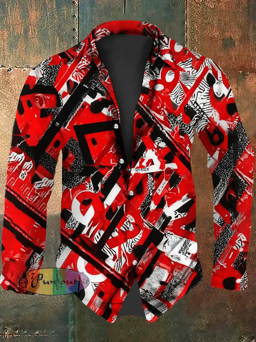 Men’s Vintage VH Guitar Lines Colourful 5150 Abstract Print Casual Cotton Short Sleeve Shirt Long Sleeve Shirt / S