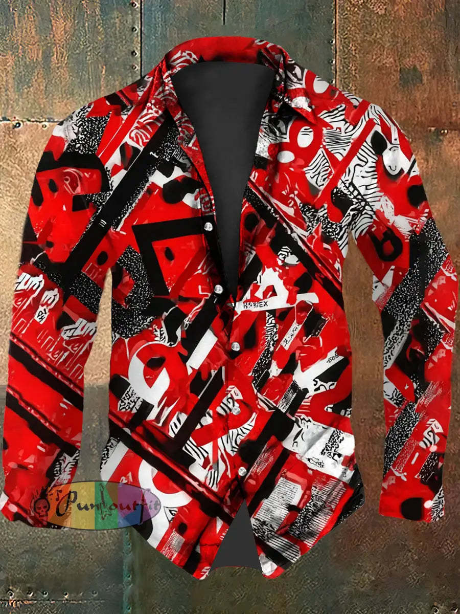 Men’s Vintage VH Guitar Lines Colourful 5150 Abstract Print Casual Cotton Short Sleeve Shirt Long Sleeve Shirt / S