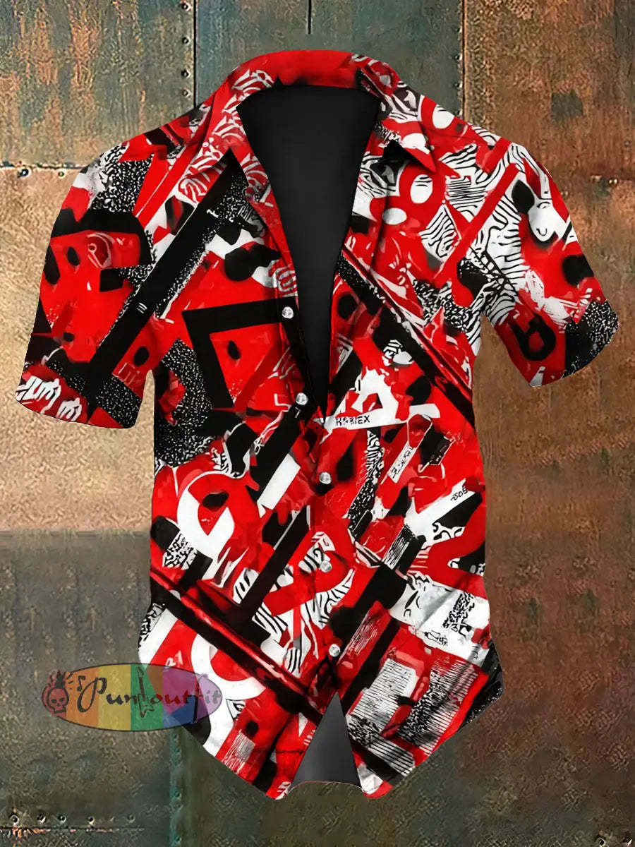 Men’s Vintage VH Guitar Lines Colourful 5150 Abstract Print Casual Cotton Short Sleeve Shirt