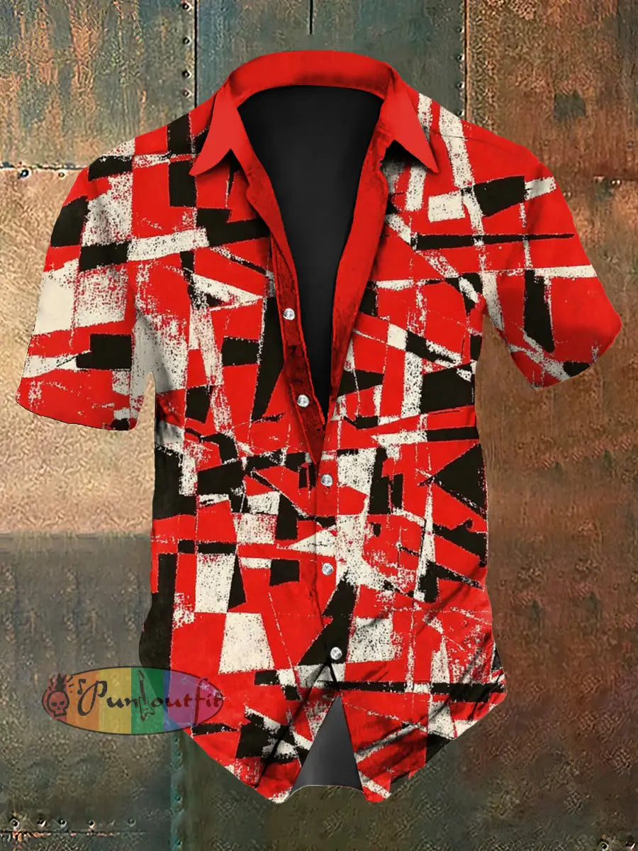 Men’s Vintage VH Guitar Lines Colourful Illustration Abstract Print Casual Cotton Short Sleeve Shirt