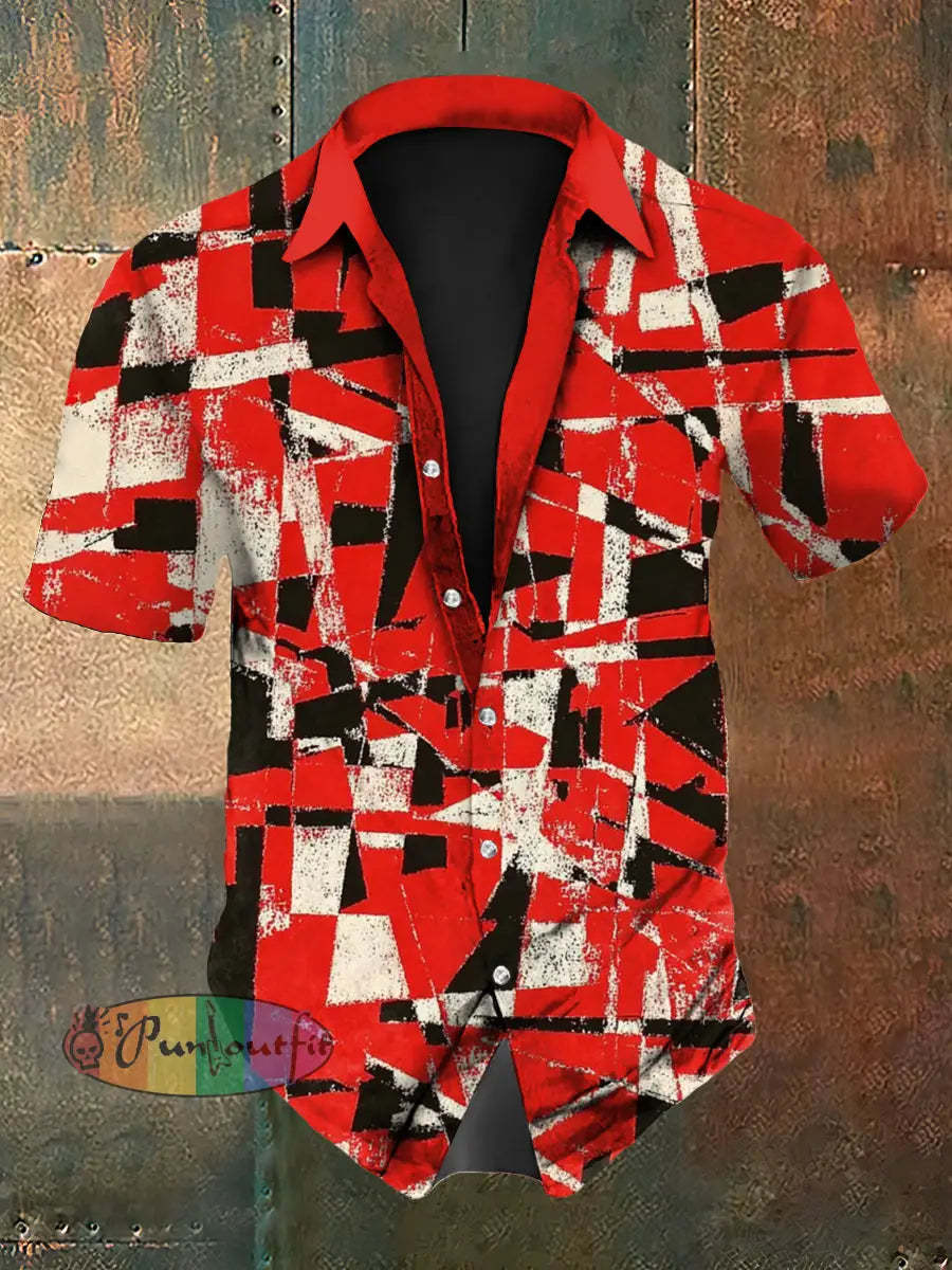 Men’s Vintage VH Guitar Lines Colourful Illustration Abstract Print Casual Cotton Short Sleeve Shirt