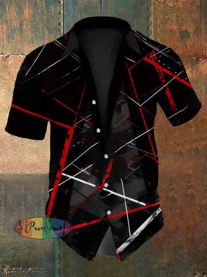 Men’s Vintage VH Guitar Lines Colourful Illustration Abstract Print Casual Cotton Short Sleeve Shirt