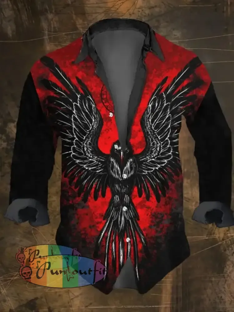Men’s Vintage Viking Print Lapel Long Sleeve Shirt Multicolor / S