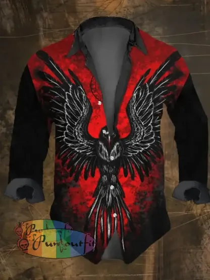 Men’s Vintage Viking Print Lapel Long Sleeve Shirt Multicolor / S