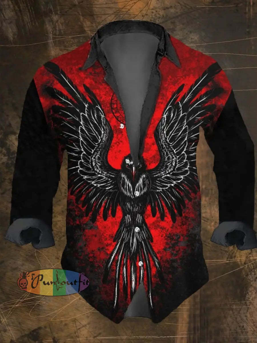 Men’s Vintage Viking Print Lapel Long Sleeve Shirt Multicolor / S