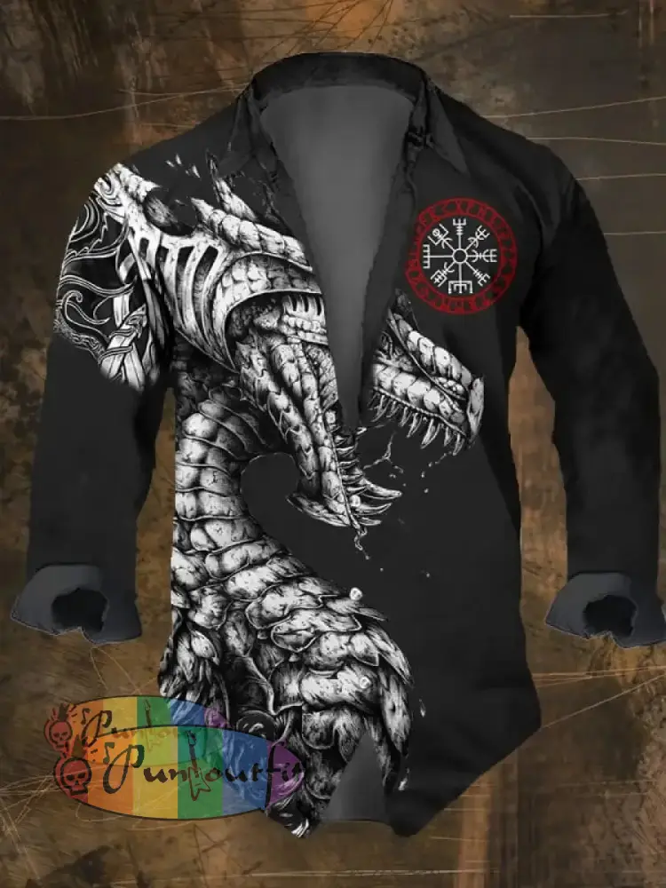Men’s Vintage Viking Print Lapel Long Sleeve Shirt Multicolor / S