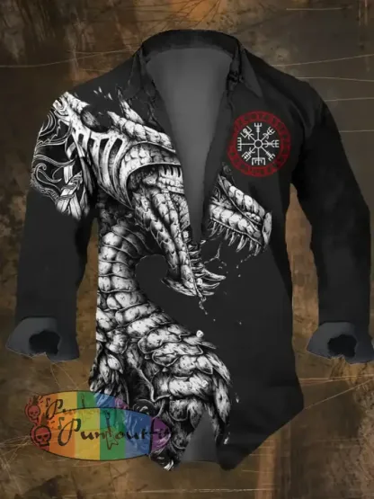 Men’s Vintage Viking Print Lapel Long Sleeve Shirt Multicolor / S