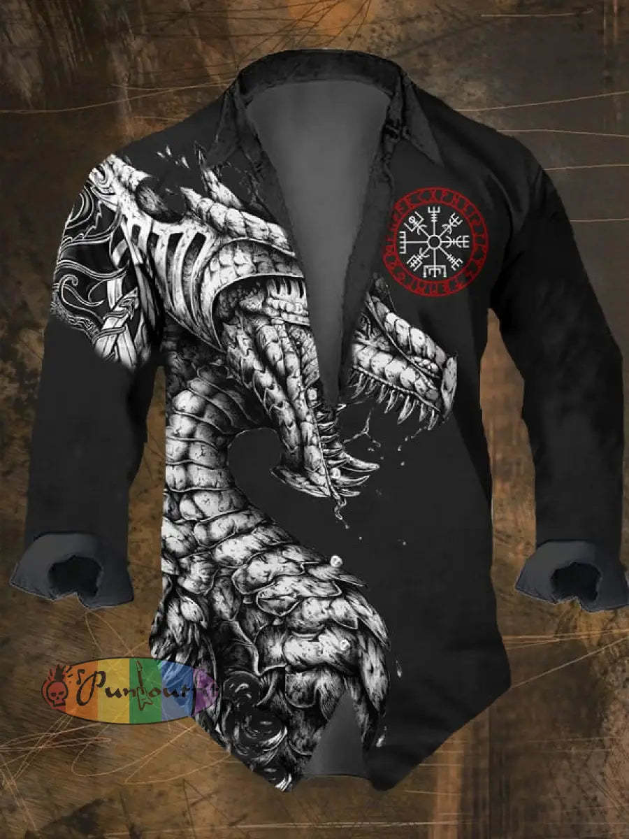 Men’s Vintage Viking Print Lapel Long Sleeve Shirt Multicolor / S