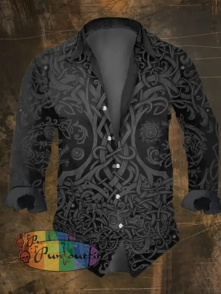 Men’s Vintage Viking Print Lapel Shirt Multicolor / S