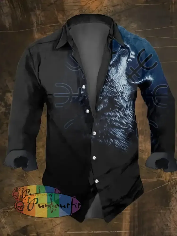 Men’s Vintage Viking Print Lapel Shirt Multicolor / S