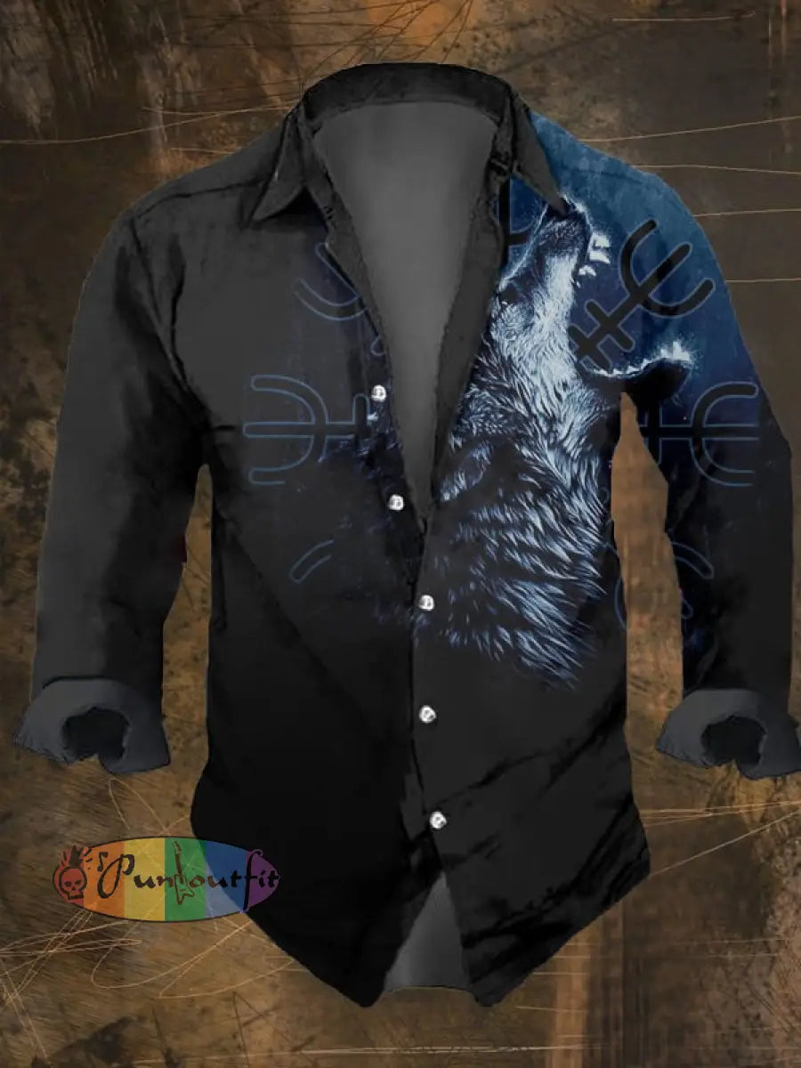 Men’s Vintage Viking Print Lapel Shirt Multicolor / S