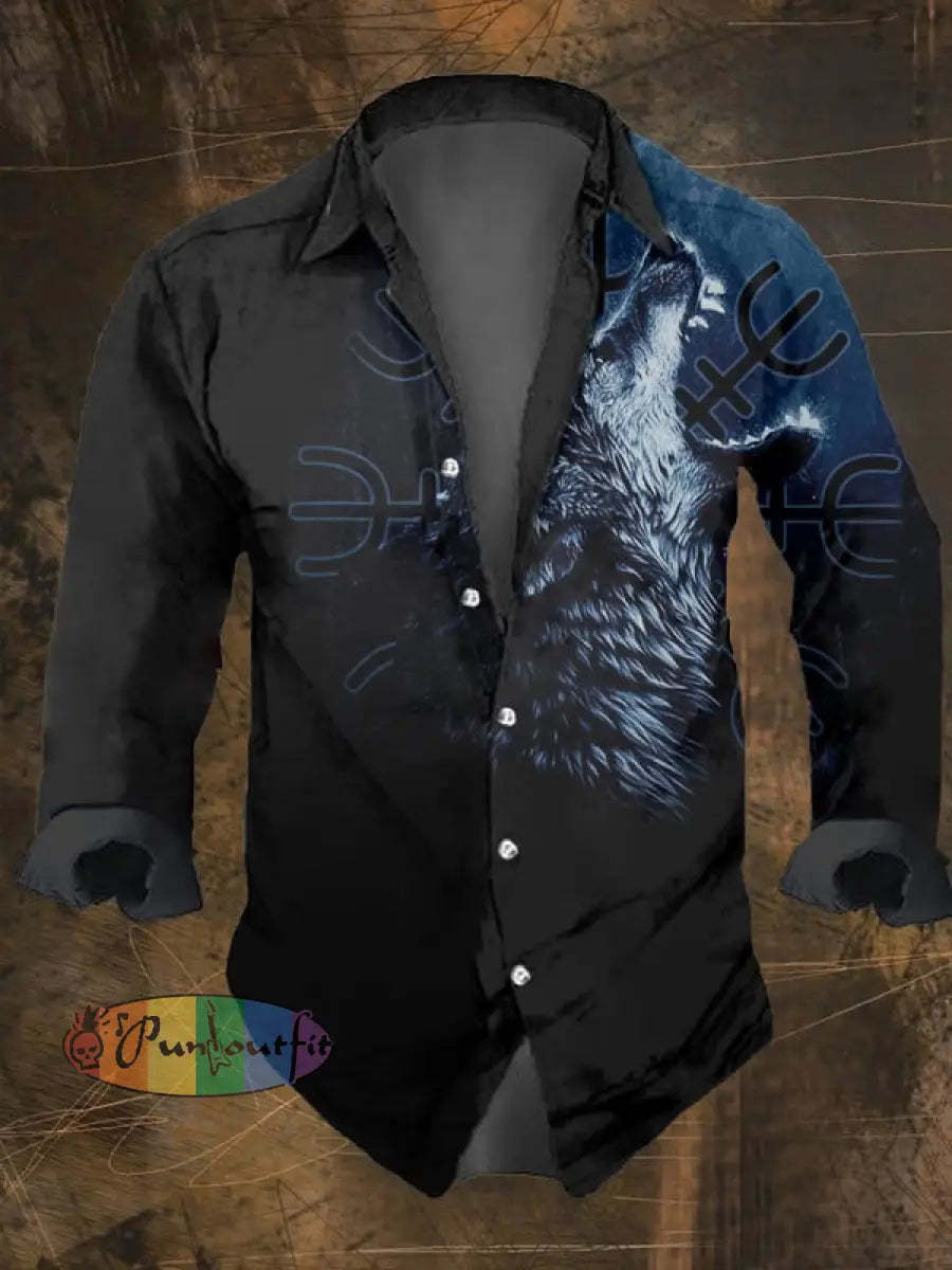 Men’s Vintage Viking Print Lapel Shirt Multicolor / S