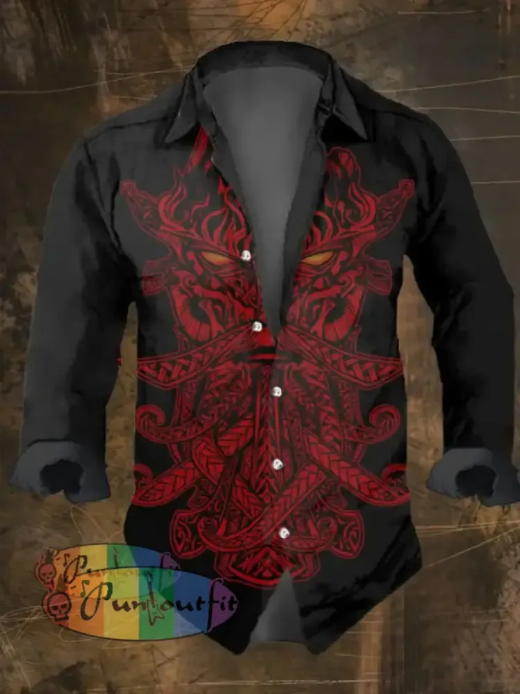 Men’s Vintage Viking Print Lapel Shirt Multicolor / S