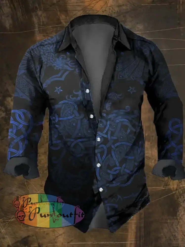 Men’s Vintage Viking Print Lapel Shirt Multicolor / S