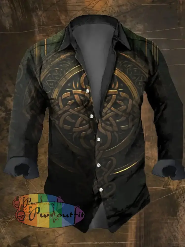 Men’s Vintage Viking Print Lapel Shirt Multicolor / S