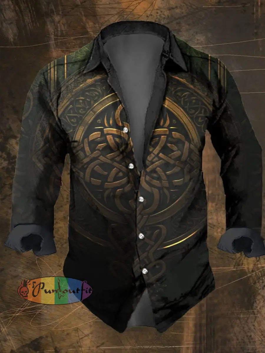 Men’s Vintage Viking Print Lapel Shirt Multicolor / S