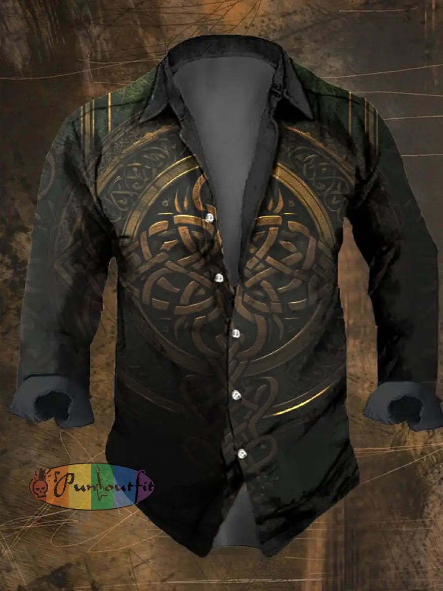 Men’s Vintage Viking Print Lapel Shirt Multicolor / S