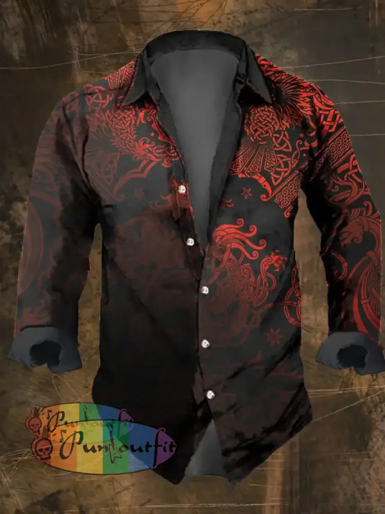 Men’s Vintage Viking Print Lapel Shirt Multicolor / S