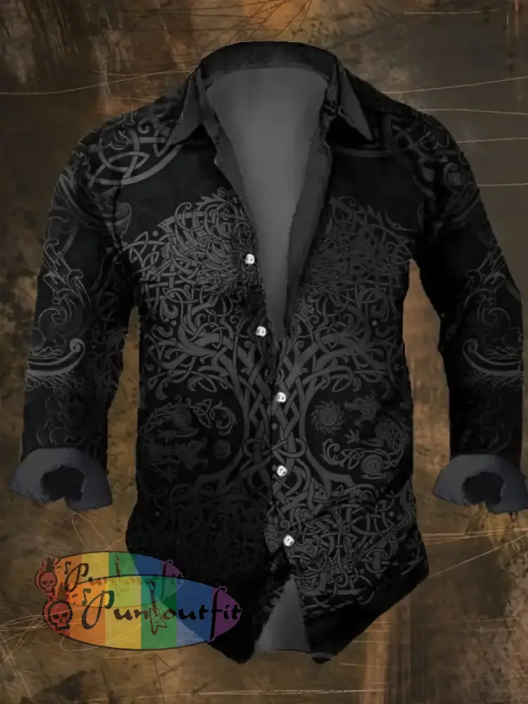 Men’s Vintage Viking Print Long Sleeve Shirt Multicolor / S