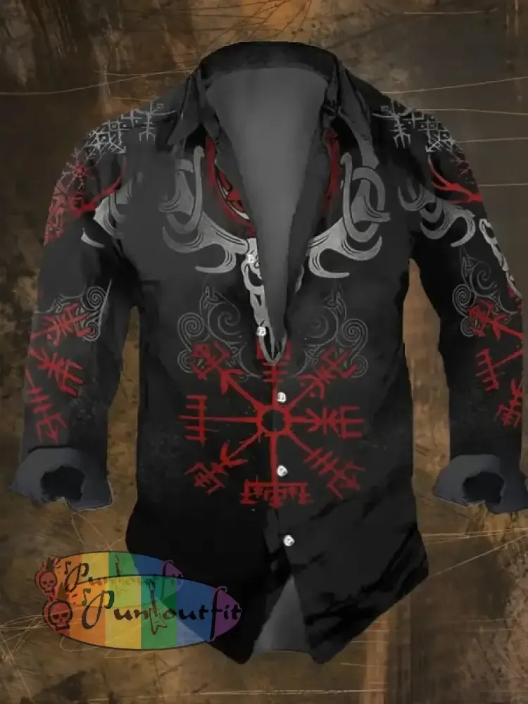 Men’s Vintage Viking Print Long Sleeve Shirt Multicolor / S