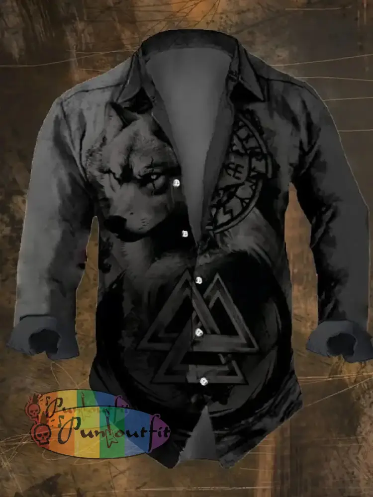 Men’s Vintage Viking Print Long Sleeve Shirt Multicolor / S