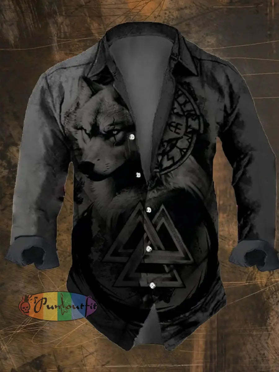 Men’s Vintage Viking Print Long Sleeve Shirt Multicolor / S