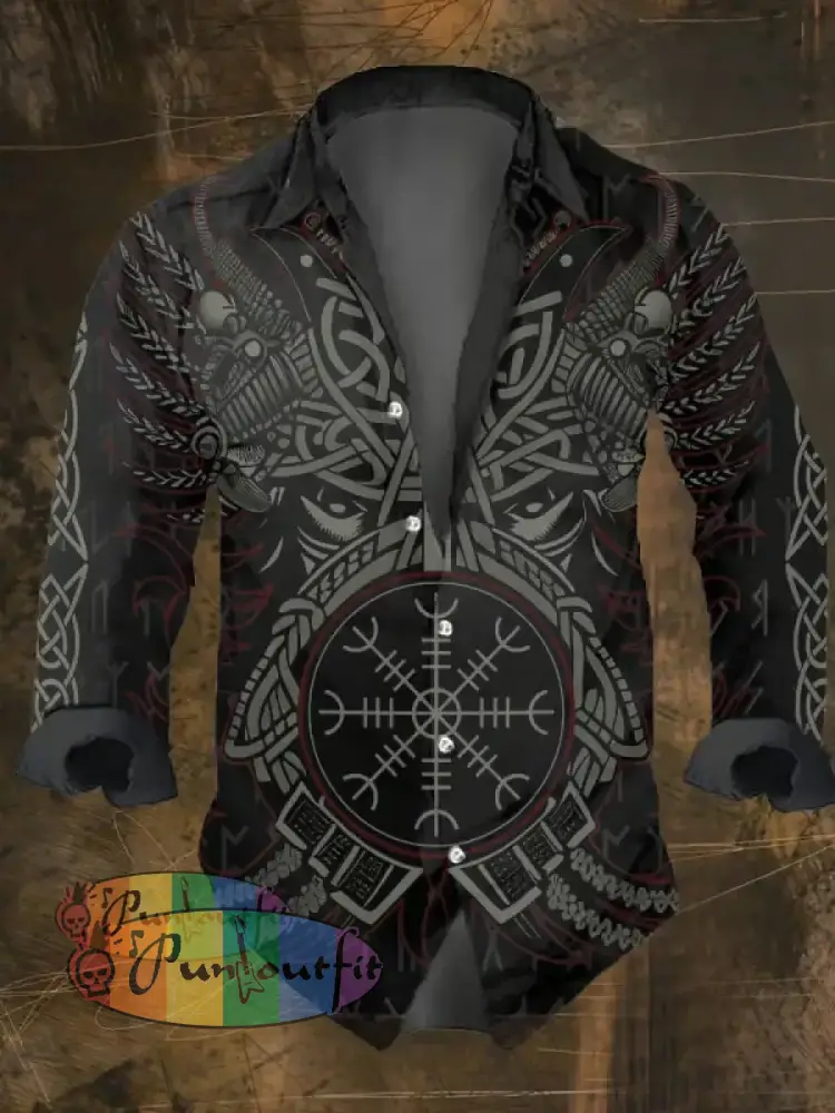Men’s Vintage Viking Print Long Sleeve Shirt Multicolor / S