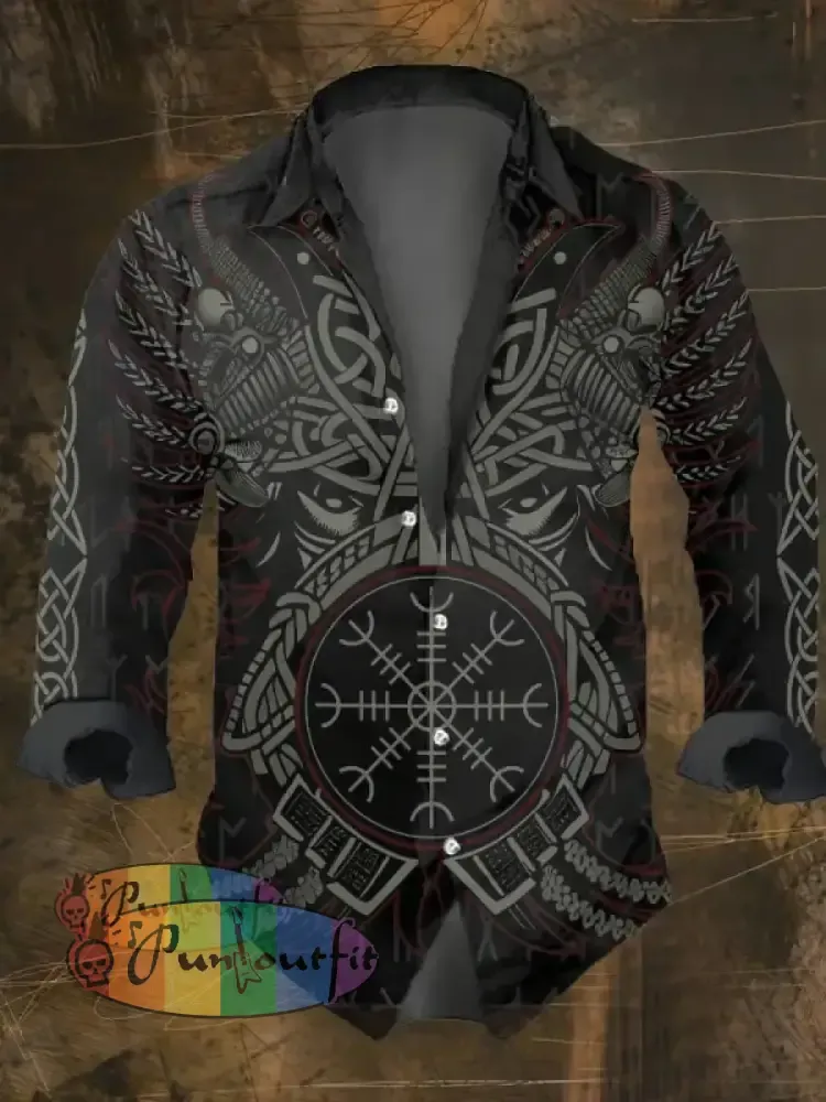 Men’s Vintage Viking Print Long Sleeve Shirt Multicolor / S