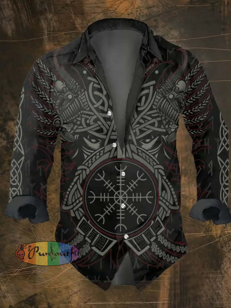 Men’s Vintage Viking Print Long Sleeve Shirt Multicolor / S