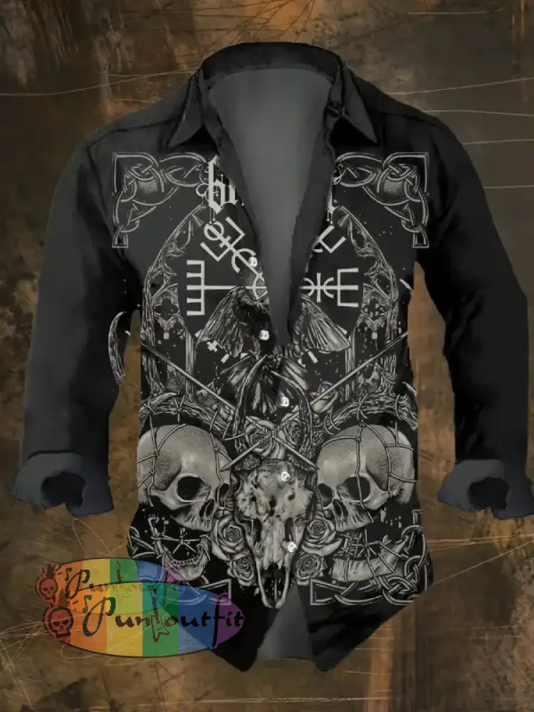 Men’s Vintage Viking Print Long Sleeve Shirt Multicolor / S