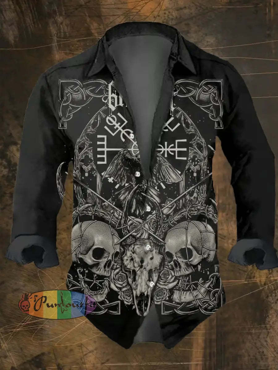 Men’s Vintage Viking Print Long Sleeve Shirt Multicolor / S