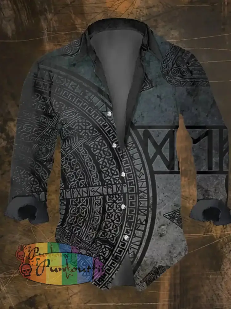 Men’s Vintage Viking Print Long Sleeve Shirt Multicolor / S
