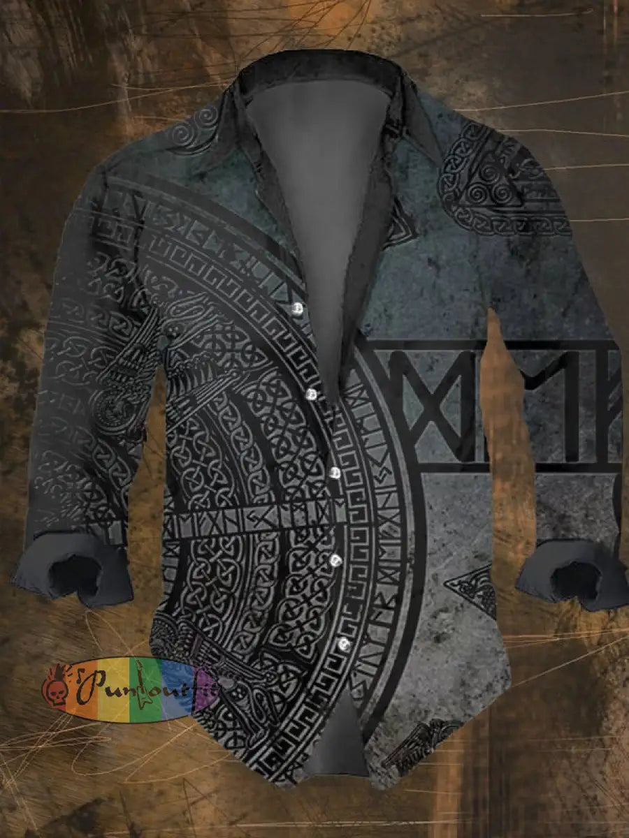 Men’s Vintage Viking Print Long Sleeve Shirt Multicolor / S