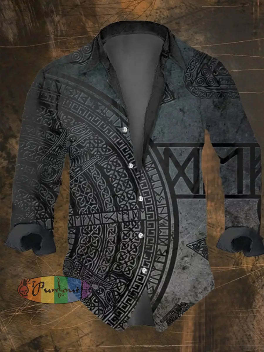 Men’s Vintage Viking Print Long Sleeve Shirt Multicolor / S