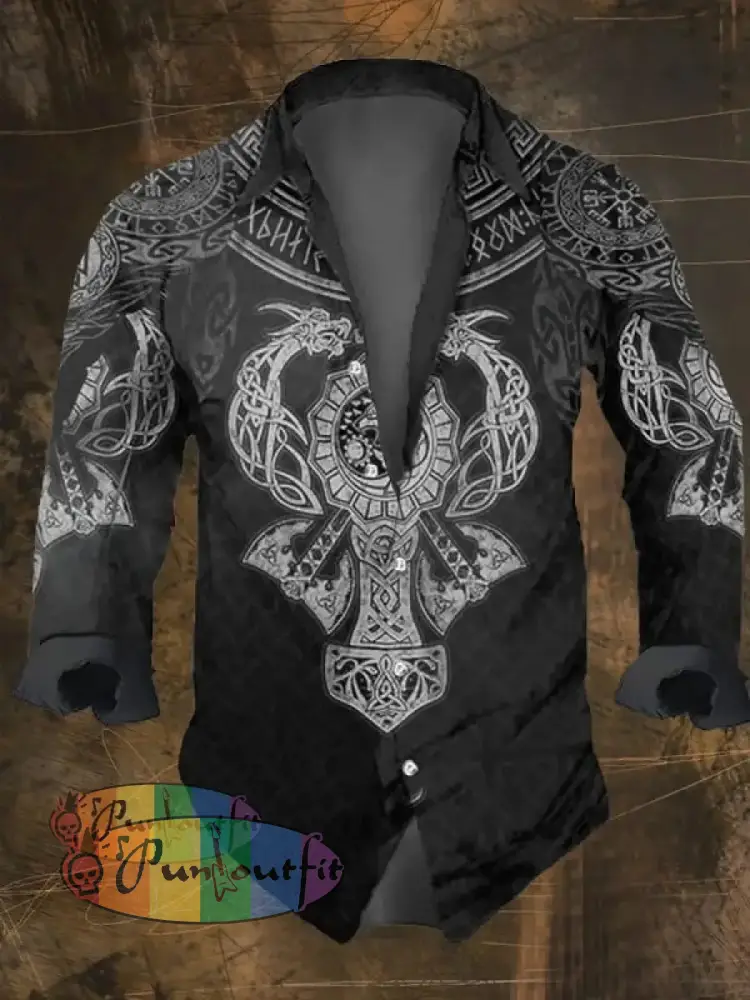Men’s Vintage Viking Print Long Sleeve Shirt Multicolor / S